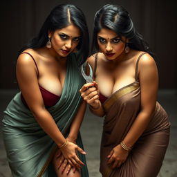 Two sexy hot busty milf aunties wearing elegant sarees and tight low-cut blouses, bending forward in a dominant pose while looking down at the cameraman's legs