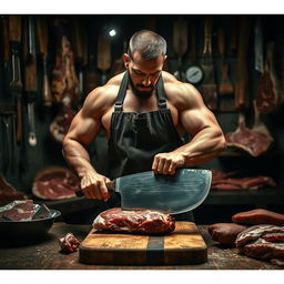 A dramatic scene depicting a muscular man dressed as a butcher using a large cleaver, meticulously cutting a piece of meat on a wooden butcher's table