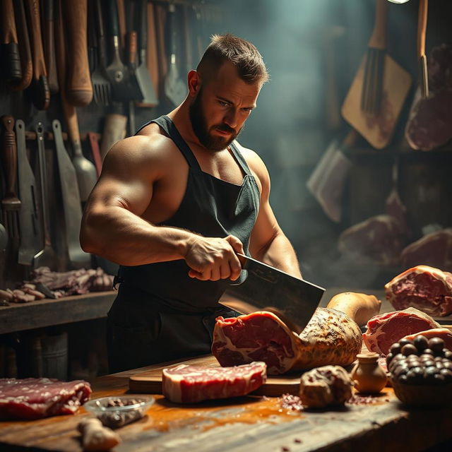 A dramatic scene depicting a muscular man dressed as a butcher using a large cleaver, meticulously cutting a piece of meat on a wooden butcher's table