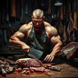 A dramatic scene depicting a muscular man dressed as a butcher using a large cleaver, meticulously cutting a piece of meat on a wooden butcher's table