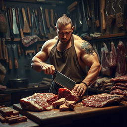 A dramatic scene depicting a muscular man dressed as a butcher using a large cleaver, meticulously cutting a piece of meat on a wooden butcher's table