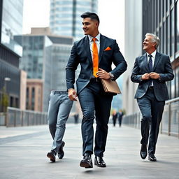 A tall, muscular bodybuilder with short black hair and an elongated face, dressed in a stylish formal suit with a brightly colored tie and black shoes, is walking and talking with a 50-year-old office worker who is of medium height, wearing formal attire and laughing