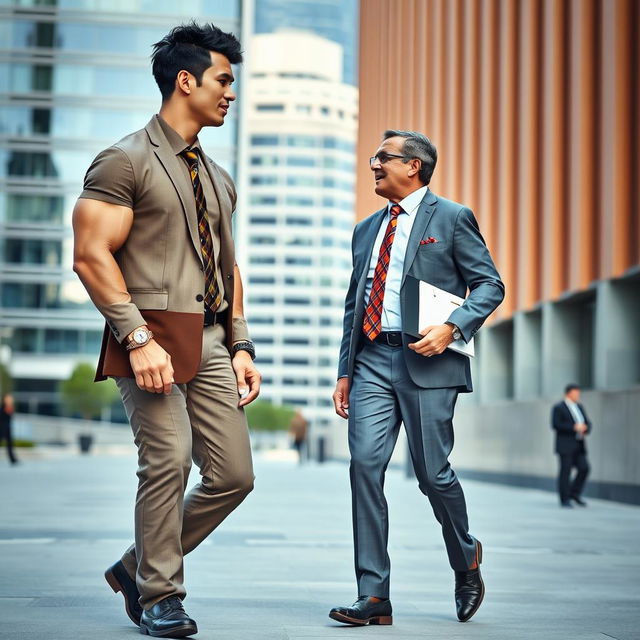 A tall, muscular bodybuilder with short black hair and an elongated face, dressed in a stylish formal suit with a brightly colored tie and black shoes, is walking and talking with a 50-year-old office worker who is of medium height, wearing formal attire and laughing