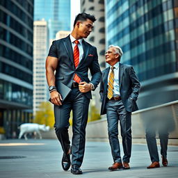 A tall, muscular bodybuilder with short black hair and an elongated face, dressed in a stylish formal suit with a brightly colored tie and black shoes, is walking and talking with a 50-year-old office worker who is of medium height, wearing formal attire and laughing