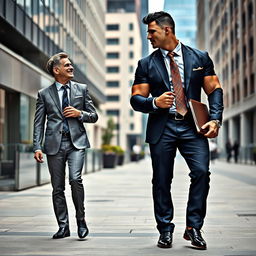 A tall, muscular bodybuilder with short black hair and an elongated face, dressed in a stylish formal suit with a brightly colored tie and black shoes, is walking and talking with a 50-year-old office worker who is of medium height, wearing formal attire and laughing