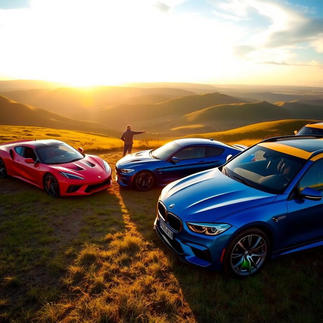 A distant view of a person standing on a hilltop, pointing towards three colorful cars parked in an open field