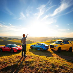 A distant view of a person standing on a hilltop, pointing towards three colorful cars parked in an open field