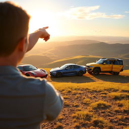 A distant view of a person standing on a hilltop, pointing towards three colorful cars parked in an open field