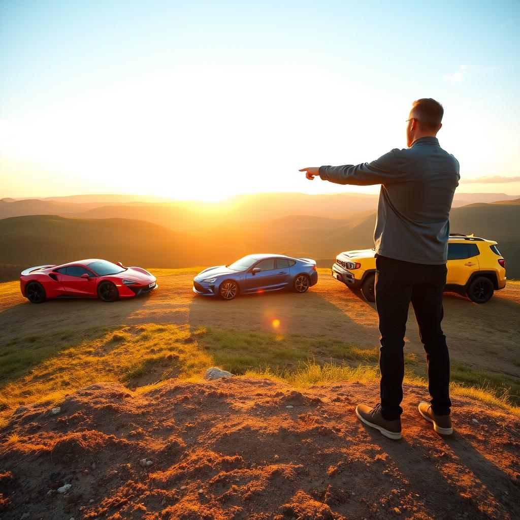 A distant view of a person standing on a hilltop, pointing towards three colorful cars parked in an open field