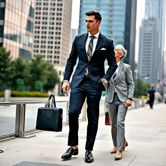 A tall, muscular athletic man with short black hair and an elongated face, dressed elegantly in a stylish suit with a colorful tie and black shoes