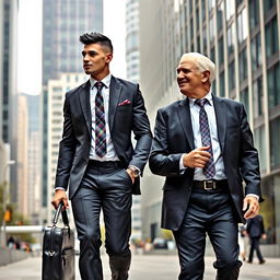 A tall, muscular athletic man with short black hair and an elongated face, dressed elegantly in a stylish suit with a colorful tie and black shoes