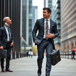 A tall, muscular athletic man with short black hair and an elongated face, dressed elegantly in a stylish suit with a colorful tie and black shoes