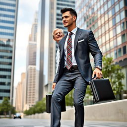 A tall, muscular athletic man with short black hair and an elongated face, dressed elegantly in a stylish suit with a colorful tie and black shoes
