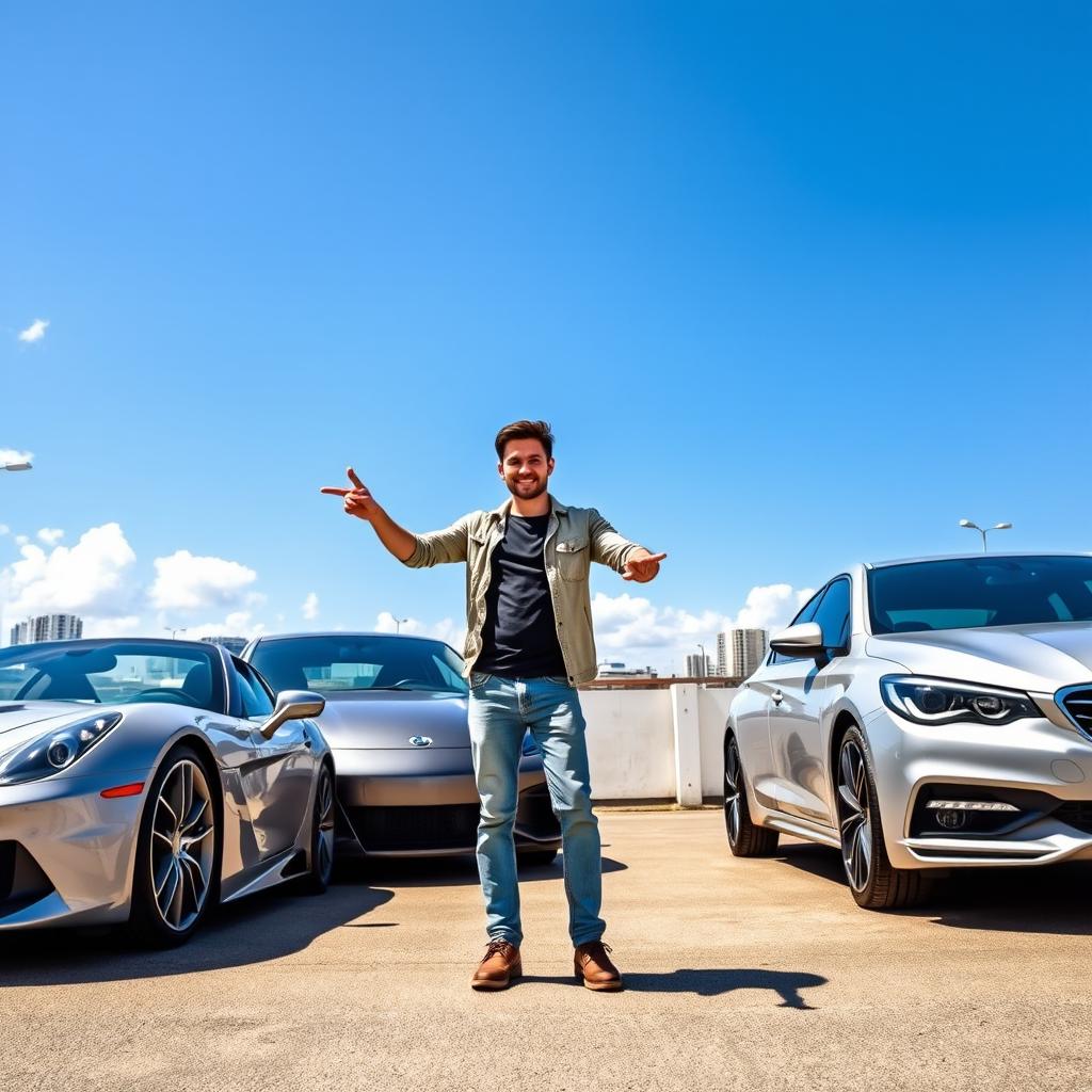 A person standing close to three distinct cars in a vibrant outdoor setting