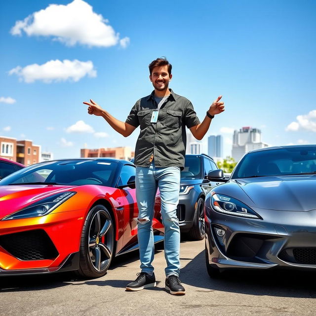 A person standing close to three distinct cars in a vibrant outdoor setting