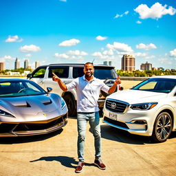 A person standing close to three distinct cars in a vibrant outdoor setting