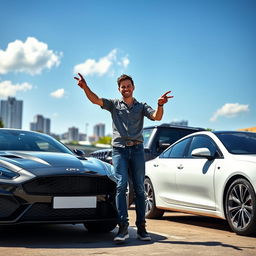 A person standing close to three distinct cars in a vibrant outdoor setting