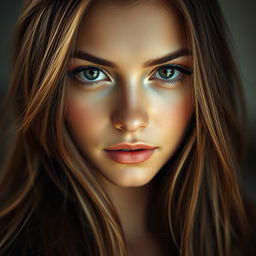A close-up portrait of a captivating young woman with striking features, flawless skin, and long, flowing hair cascading over her shoulders