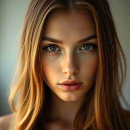 A close-up portrait of a captivating young woman with striking features, flawless skin, and long, flowing hair cascading over her shoulders