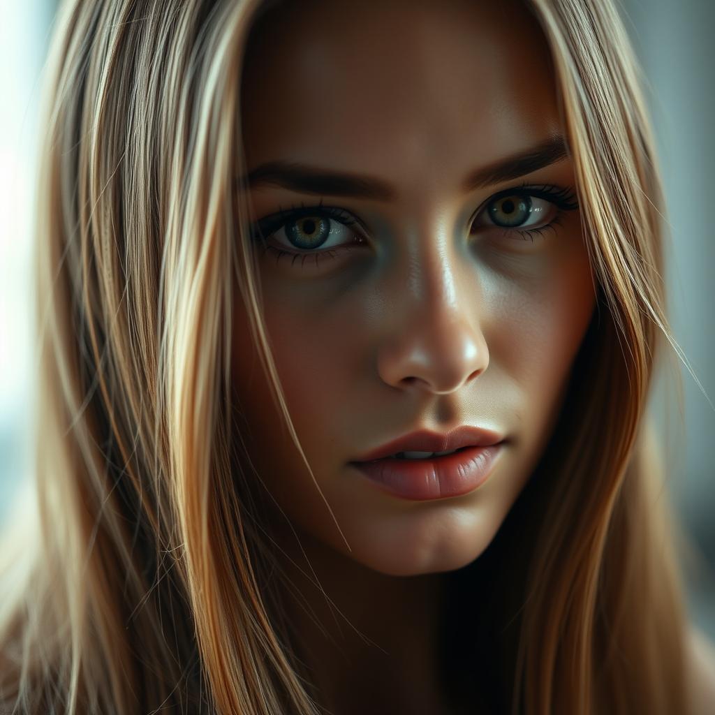 A close-up portrait of a captivating young woman with striking features, flawless skin, and long, flowing hair cascading over her shoulders