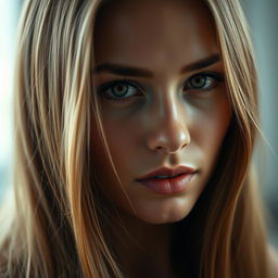 A close-up portrait of a captivating young woman with striking features, flawless skin, and long, flowing hair cascading over her shoulders