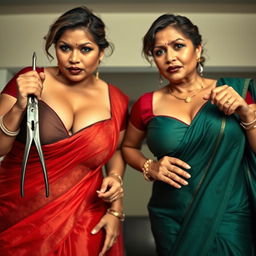 Two sexy hot busty milf aunties dressed in elegant sarees and low-cut tight blouses, bent forward in a commanding and assertive pose