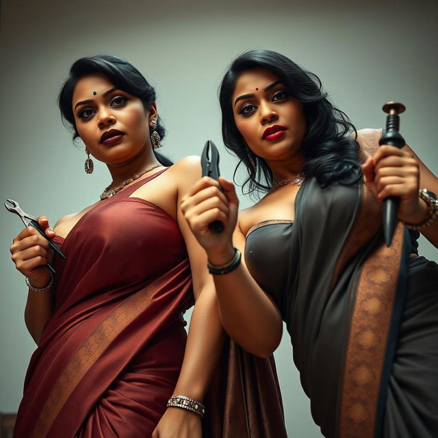 Two sexy hot busty milf aunties dressed in elegant sarees and low-cut tight blouses, bent forward in a commanding and assertive pose