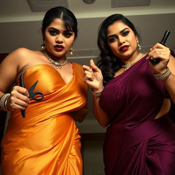 Two sexy hot busty milf aunties dressed in elegant sarees and low-cut tight blouses, bent forward in a commanding and assertive pose