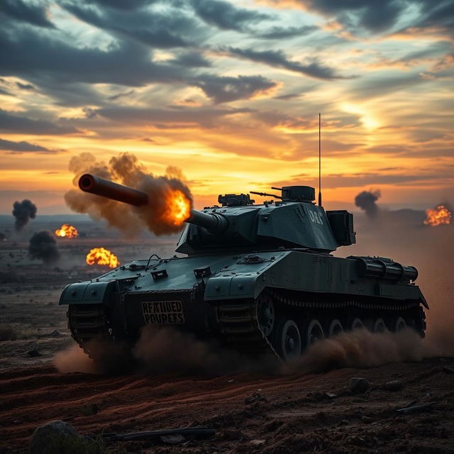 A dynamic scene depicting a powerful tank firing in a dramatic landscape