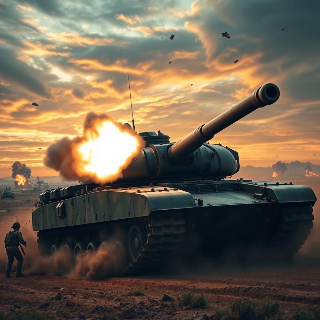 A dynamic scene depicting a powerful tank firing in a dramatic landscape