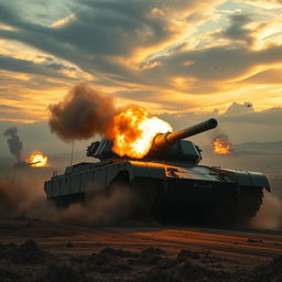 A dynamic scene depicting a powerful tank firing in a dramatic landscape