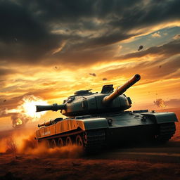 A dynamic scene depicting a powerful tank firing in a dramatic landscape