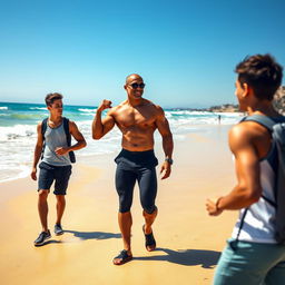A vertical image depicting a muscular bodybuilder in stylish athletic wear engaged in conversation with a young man