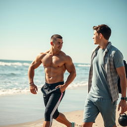 A vertical image depicting a muscular bodybuilder in stylish athletic attire engaging in conversation with a young man