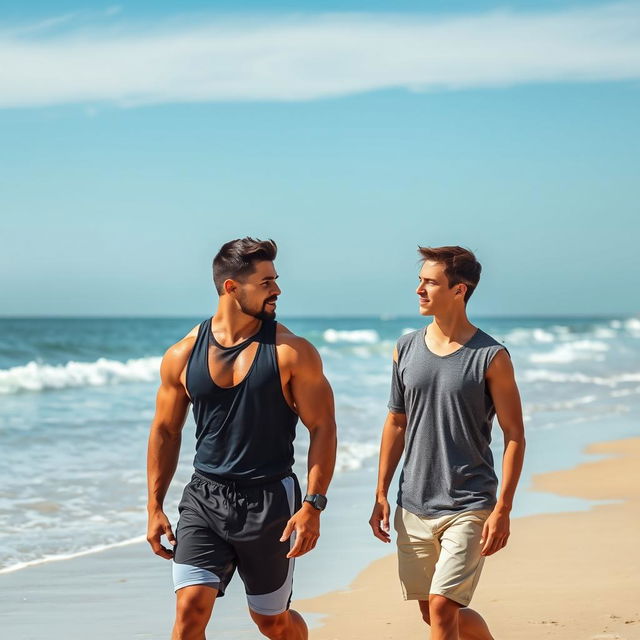 A vertical image depicting a muscular bodybuilder in stylish athletic attire engaging in conversation with a young man