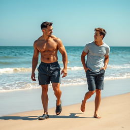 A vertical image depicting a muscular bodybuilder in stylish athletic attire engaging in conversation with a young man