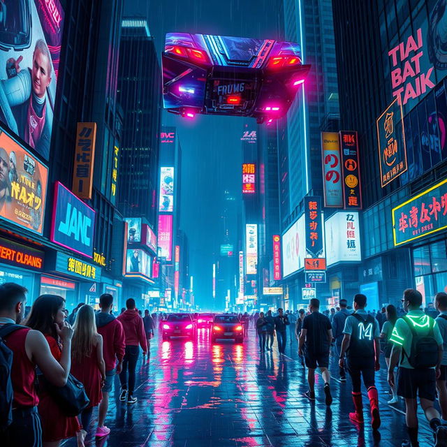 A vibrant cyberpunk cityscape at night, filled with neon lights, holograms, and futuristic skyscrapers