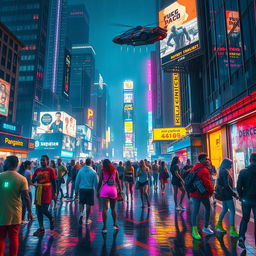 A vibrant cyberpunk cityscape at night, filled with neon lights, holograms, and futuristic skyscrapers