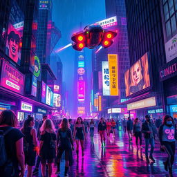 A vibrant cyberpunk cityscape at night, filled with neon lights, holograms, and futuristic skyscrapers