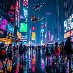 A vibrant cyberpunk cityscape at night, filled with neon lights, holograms, and futuristic skyscrapers