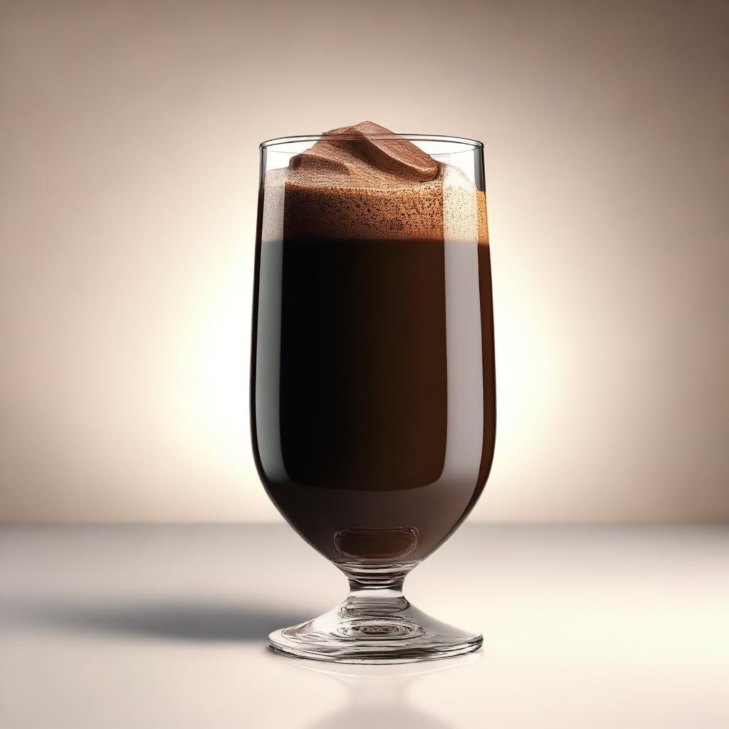 A high-quality, hyper-realistic digital art image showcasing a glass filled with a rich, creamy chocolate drink