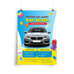 A vibrant and eye-catching promotional flyer for a mobile car wash service