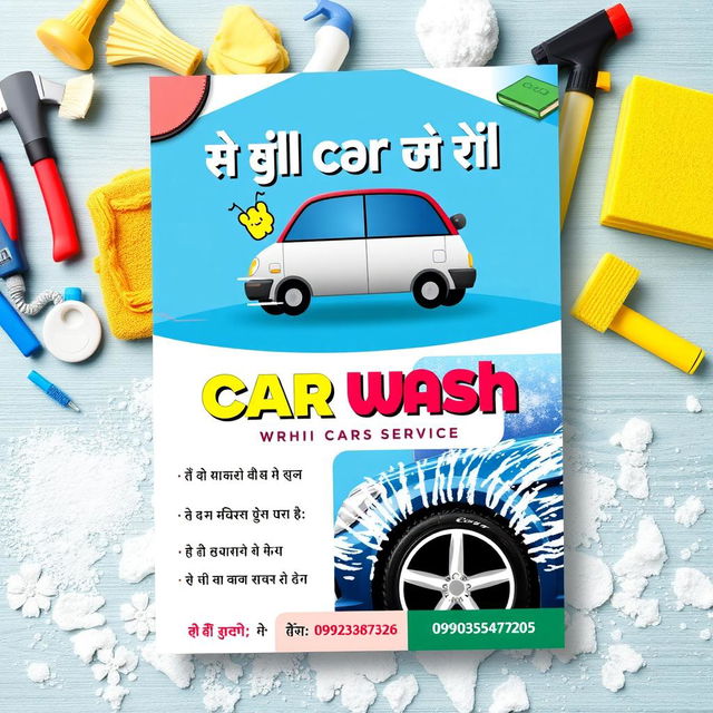 A vibrant and eye-catching promotional flyer for a mobile car wash service
