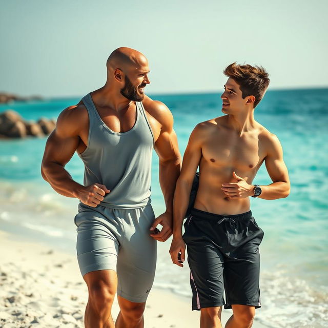 A high-quality vertical image showcasing a muscular bodybuilder in sleek, stylish athletic attire engaged in conversation with a young man