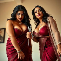 Two sexy hot busty milf aunties wearing elegant sarees and tight low-cut blouses, bent forward in a powerful and commanding pose while looking at the low camera angle