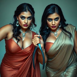 Two sexy hot busty milf aunties wearing elegant sarees and tight low-cut blouses, bent forward in a powerful and commanding pose while looking at the low camera angle