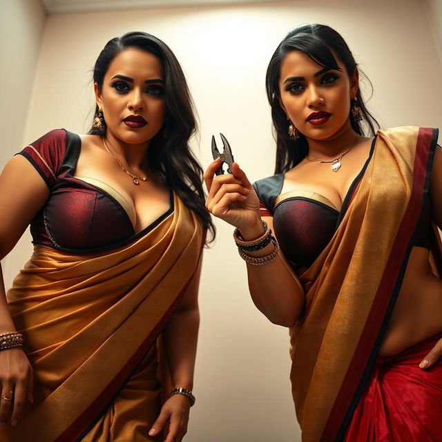 Two sexy hot busty milf aunties wearing elegant sarees and tight low-cut blouses, bent forward in a powerful and commanding pose while looking at the low camera angle