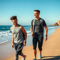 A fit, athletic man in stylish sportswear engaged in conversation with a young man as they stroll along a scenic beach