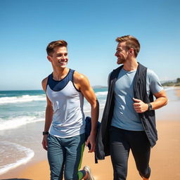 A fit, athletic man in stylish sportswear engaged in conversation with a young man as they stroll along a scenic beach