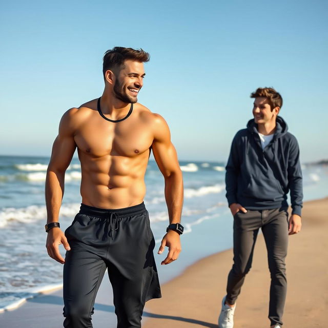 A fit, athletic man in stylish sportswear engaged in conversation with a young man as they stroll along a scenic beach